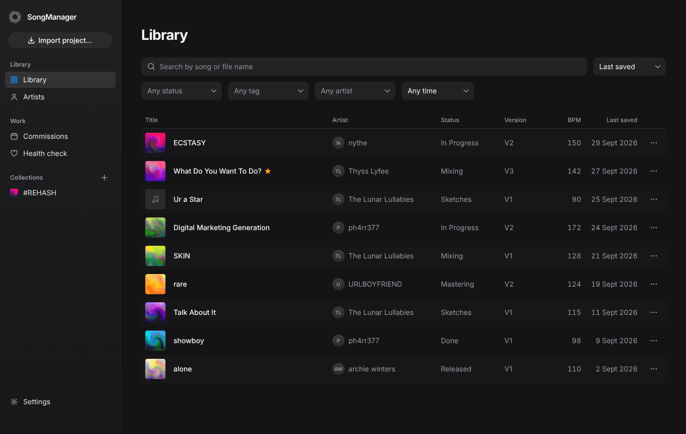 The SongManager library, with every song, its artist, status, version and tempo